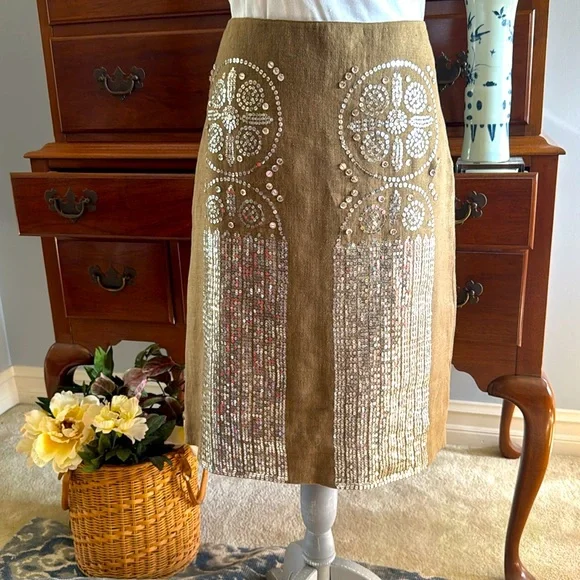 Tory Burch Tan Silver Sequin Pencil Skirt Size 10 - Picture 1 of 13